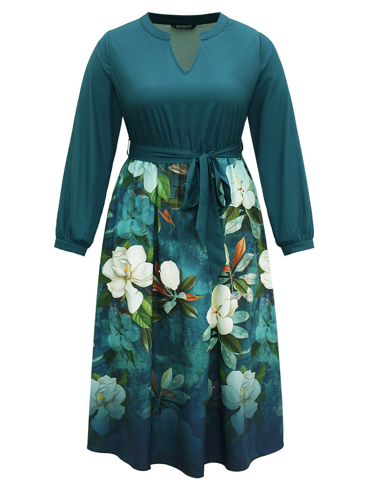 Floral Print Patchwork Bleted Pocket Dress