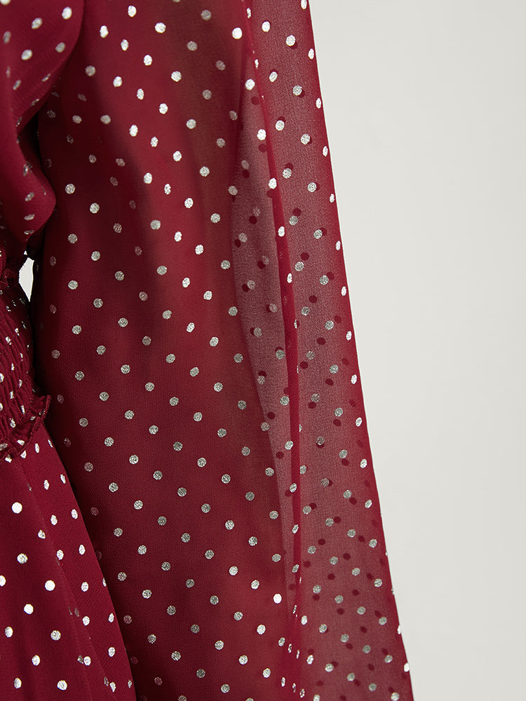 Polka Dot Pocket Button Detail Lantern Sleeve Shirred Dress