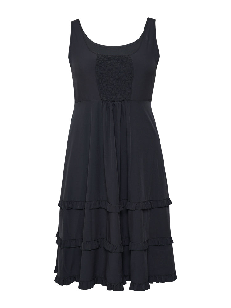Plain Ruffle Trim Pocket Layered Hem Tank Dress