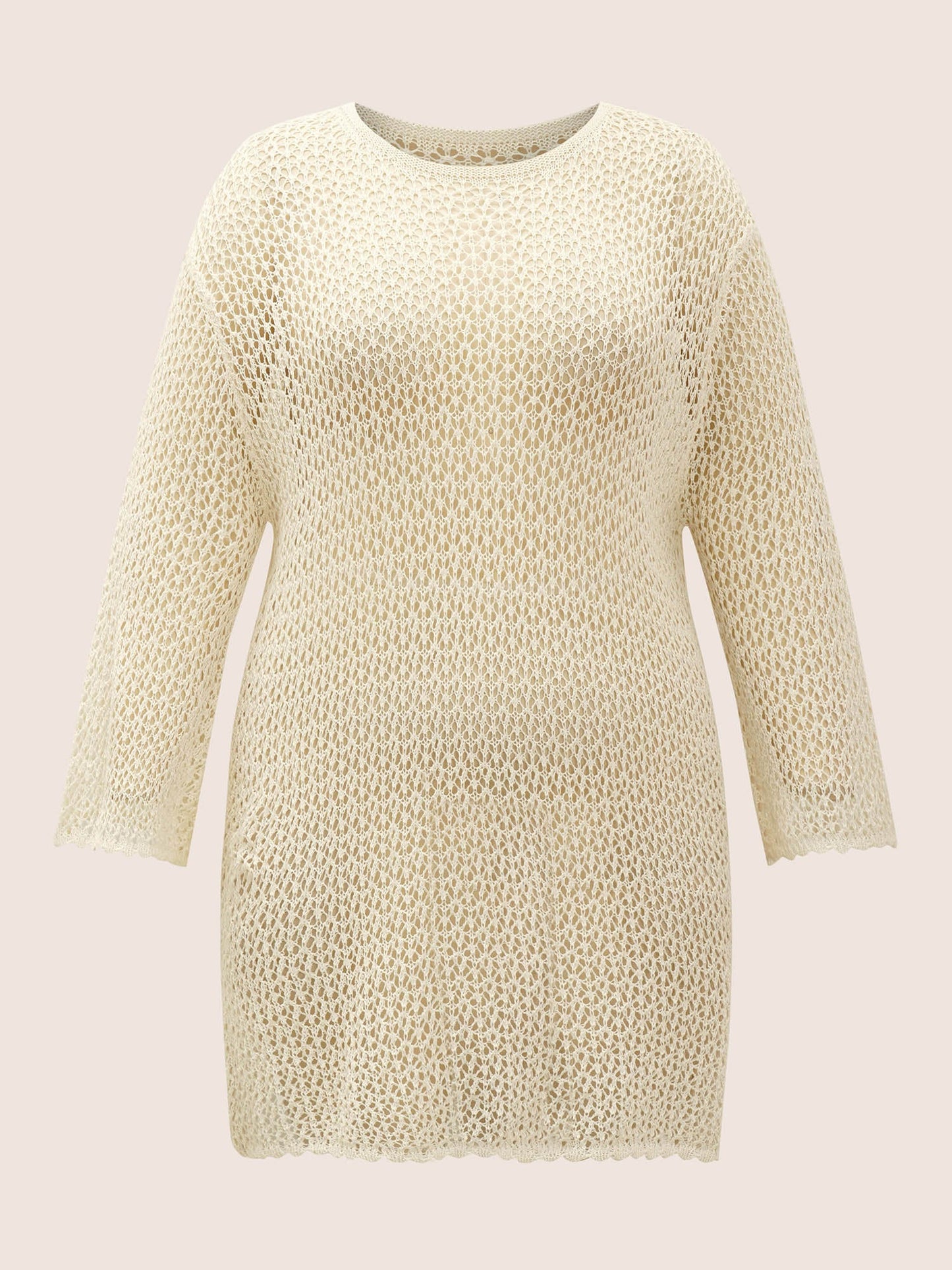 Plain Textur Pointelle Knit Bell Sleeve Swim Cover Up