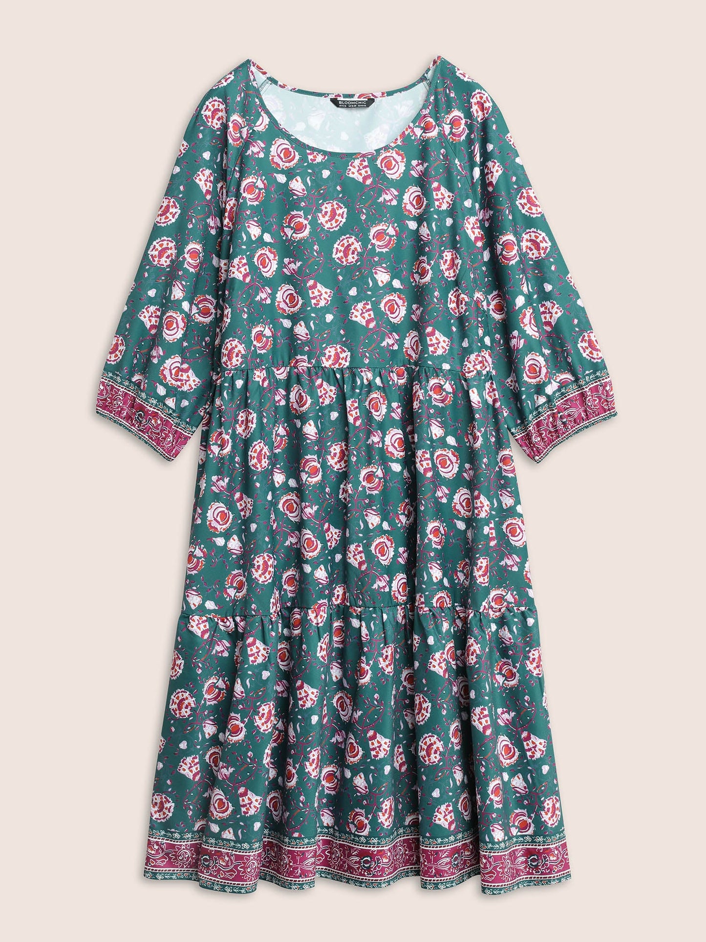 Bandana Floral Print Lantern Sleeve Gathered Dress
