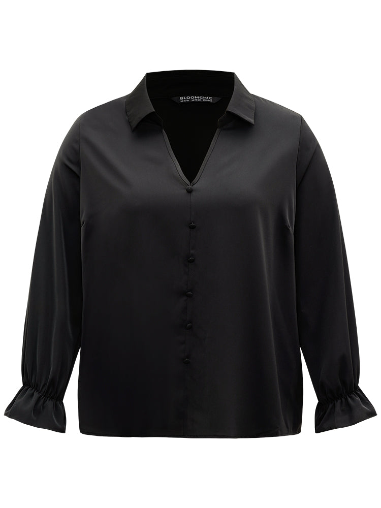 Static-Free Solid Button Detail Frill Trim Blouse