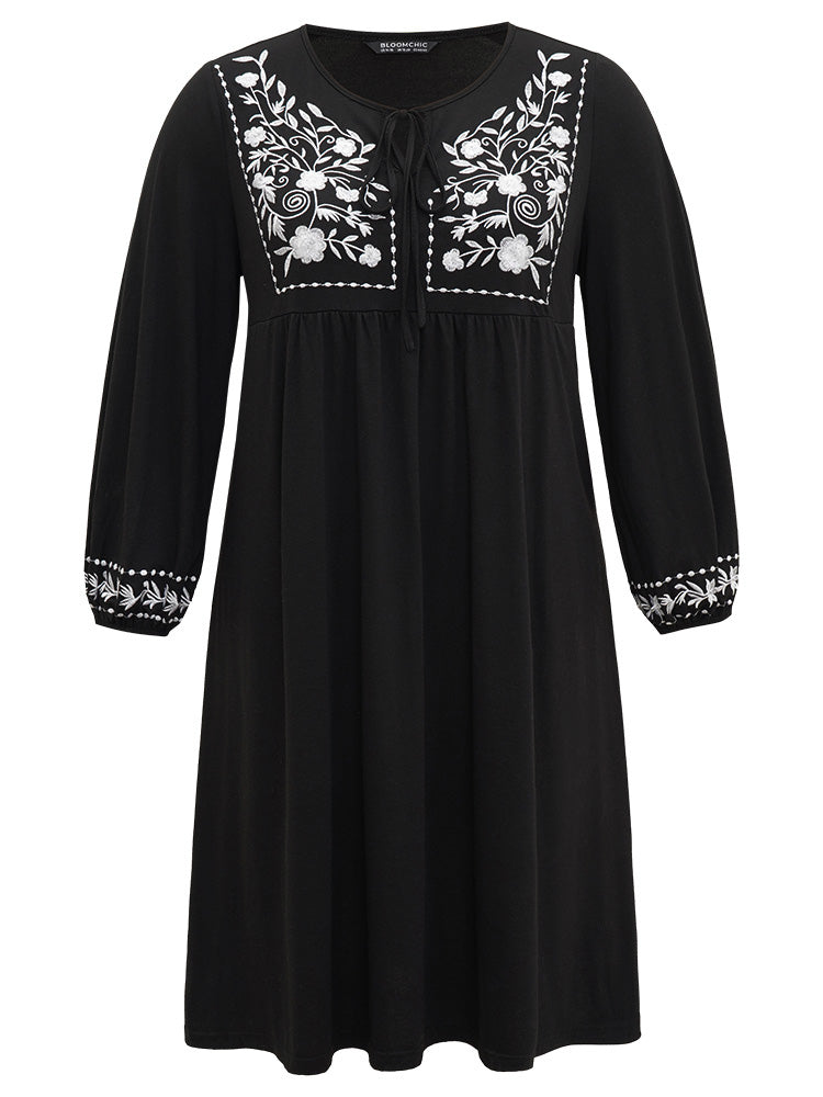 Floral Embroidered Tie Neck Pocket Dress