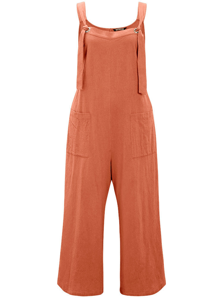 Plain Pocket Front Knot Overall Jumpsuit