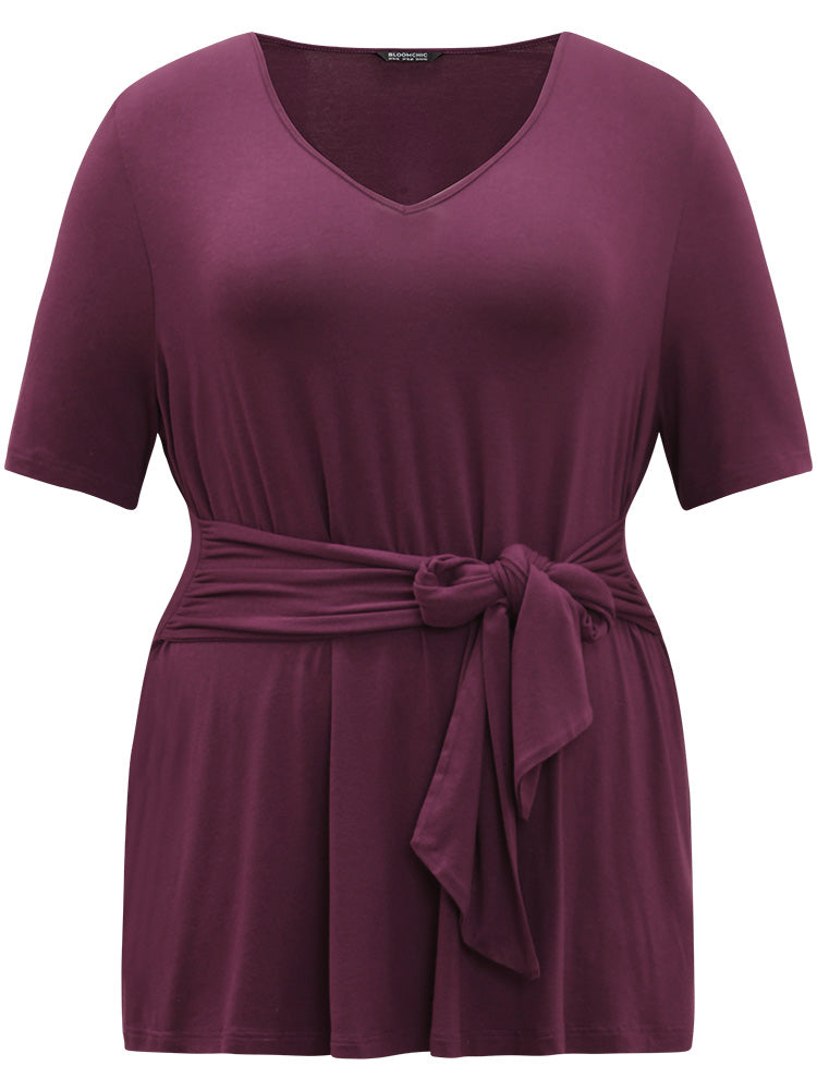 Halloween Plain V Neck Ties Gathered Hem T-shirt