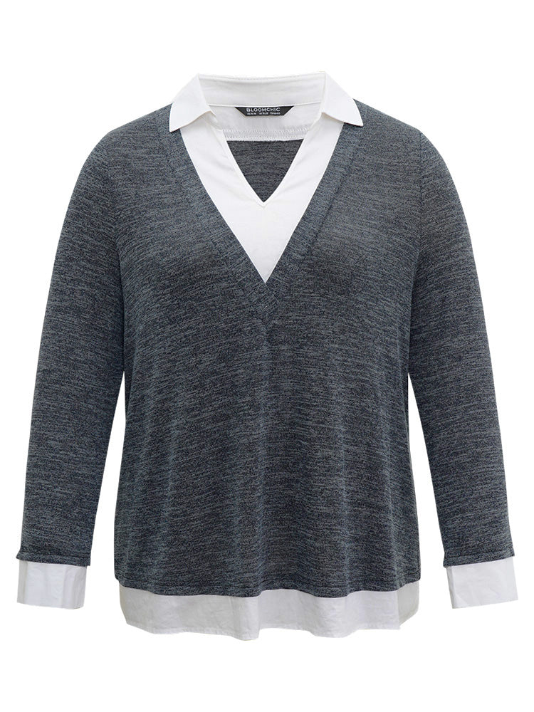 2-In-1 Contrast Patchwork Lapel Collar T-shirt