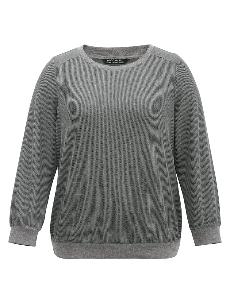 Plisse Solid Elastic Hem Crew Neck Sweatshirt