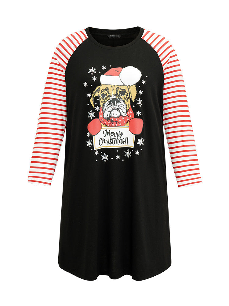 Christmas Graphic Striped Patchwork Pocket Sleep Dress