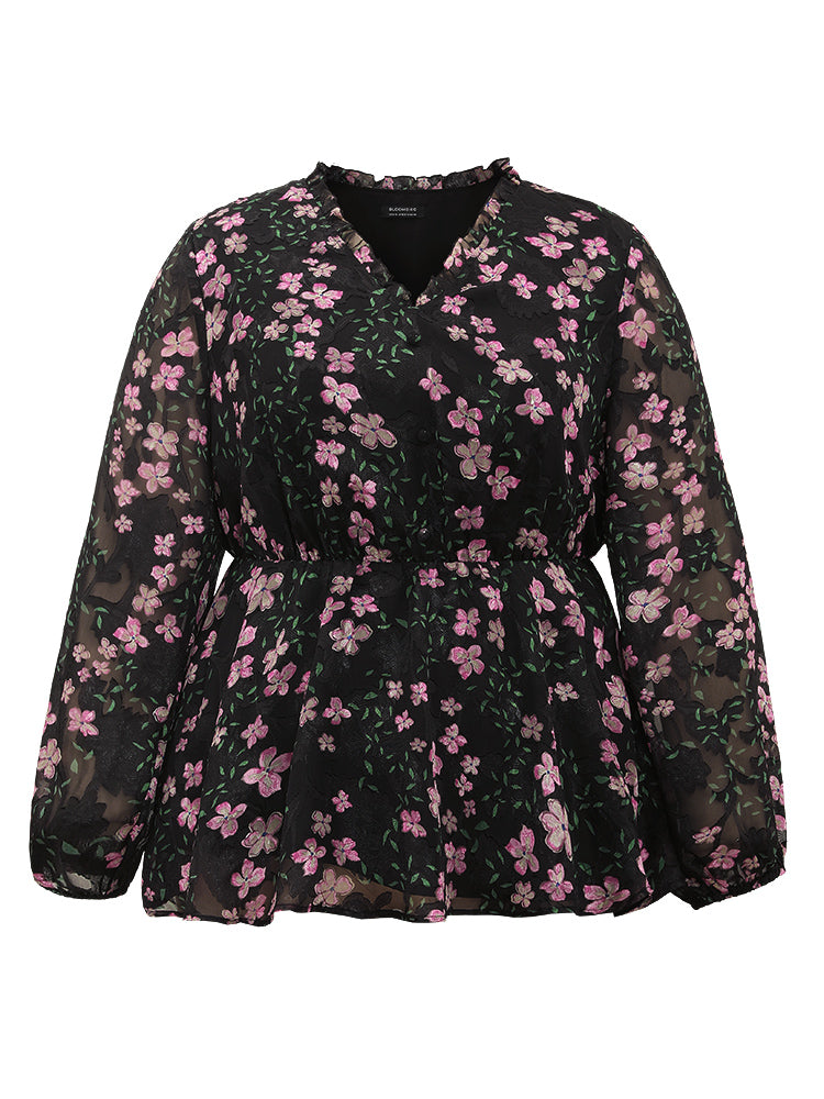 Floral Print Frill Trim Blouse