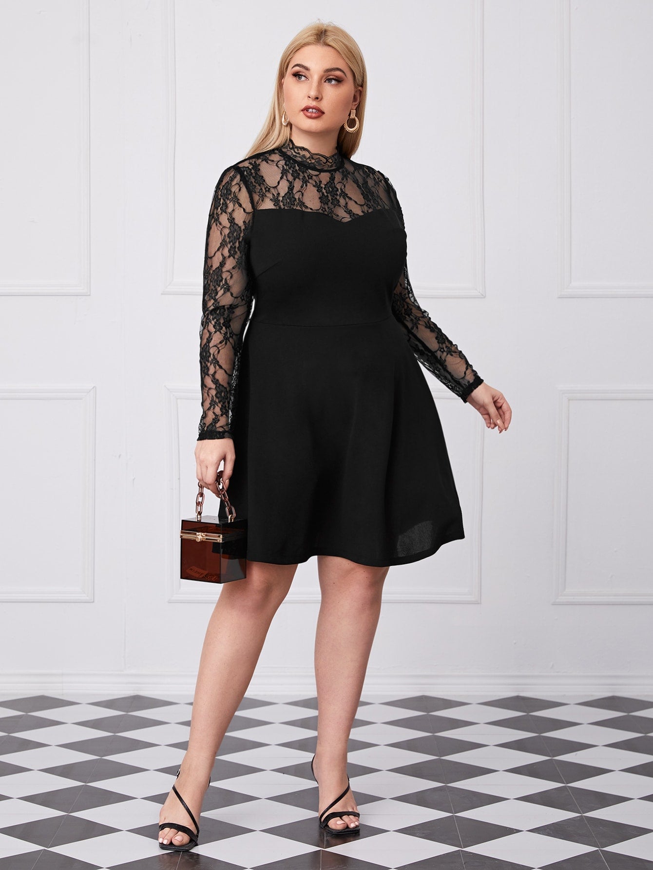 Mock-Neck Lace Yoke and Sleeve Dress