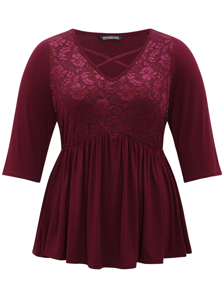 Plain Contrast Lace Crisscross Neck Gathered T-shirt