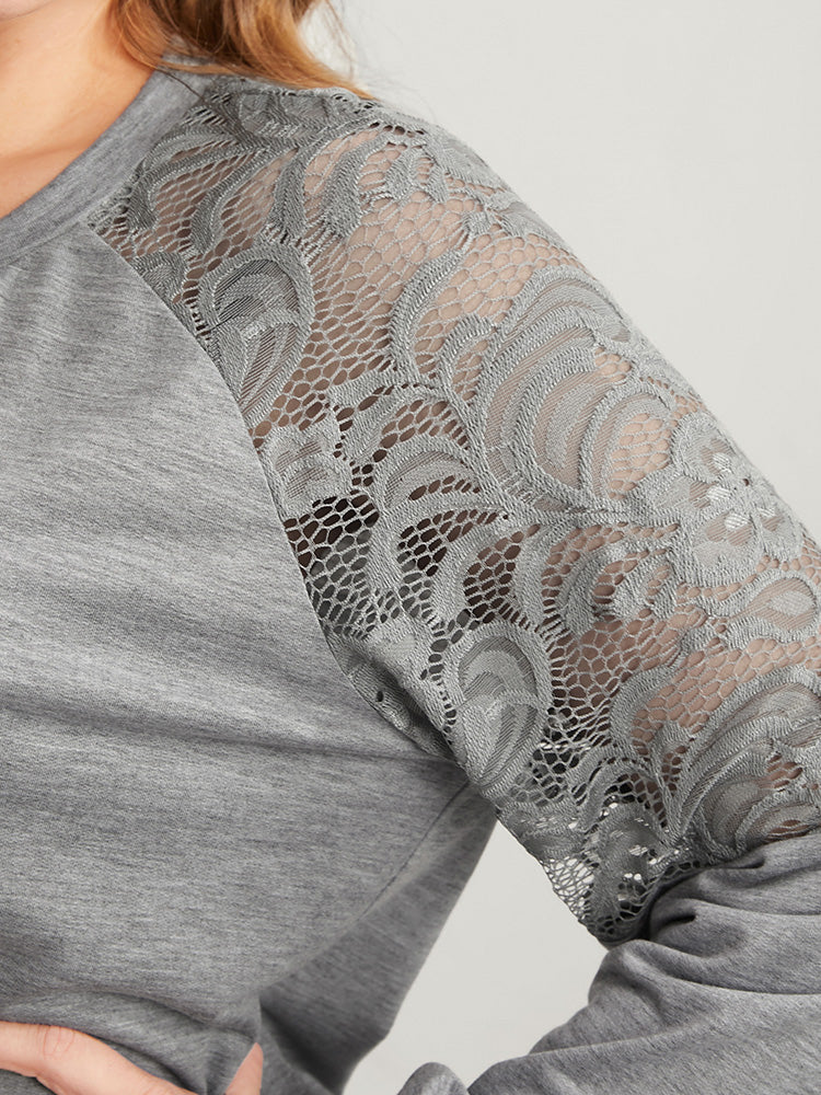 Plain Lace Insert Round Neck Sweatshirt