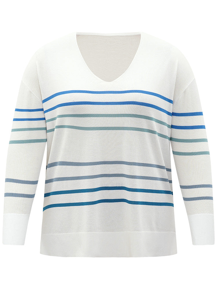 Striped V Neck Split Hem Pullover