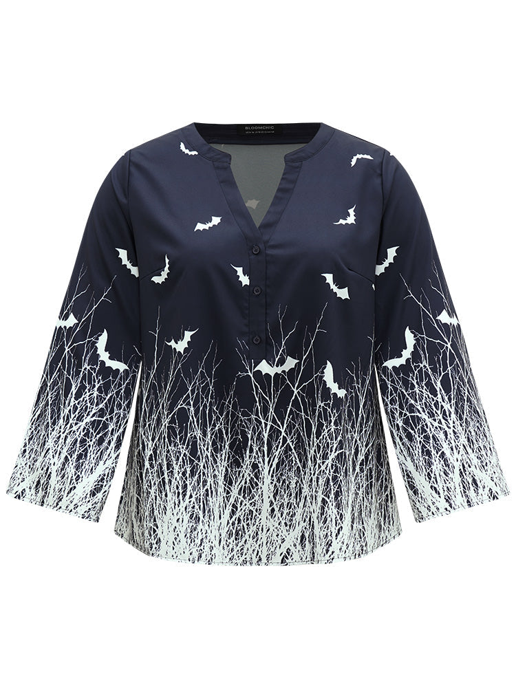 Halloween Silhouette Floral Print Bat Flutter Sleeve Blouse