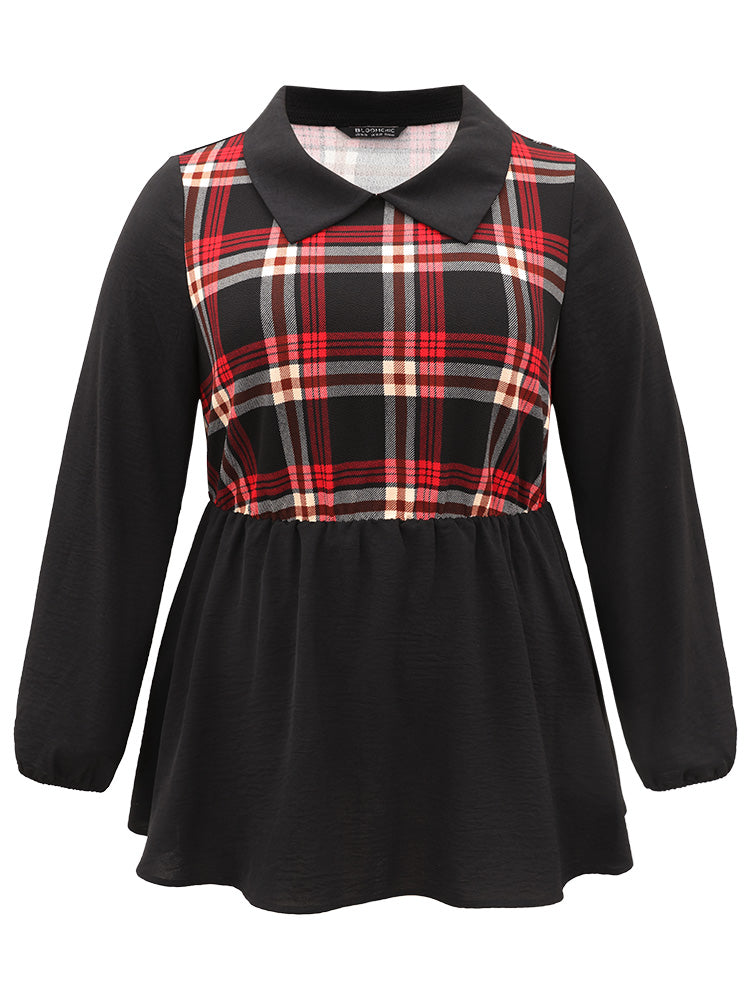 Plaid Patchwork Lapel Collar Lantern Sleeve Blouse