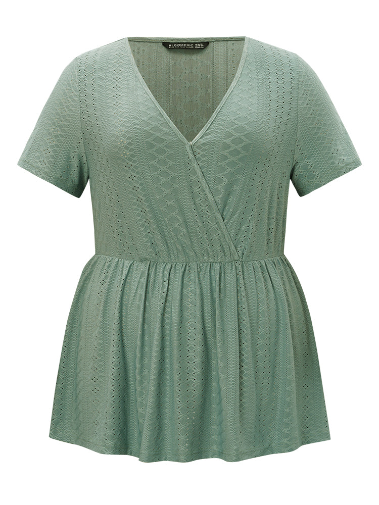 Solid Broderie Anglaise Ruffle Hem Wrap T-shirt