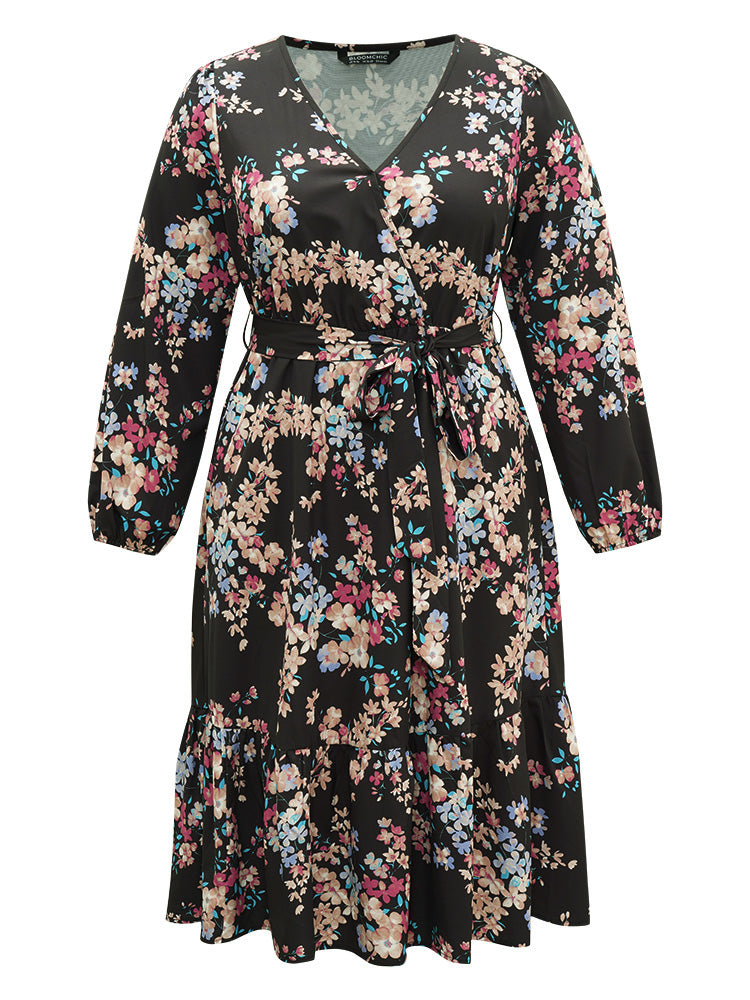 Floral Print Overlap Collar Elastic Cuffs Dress