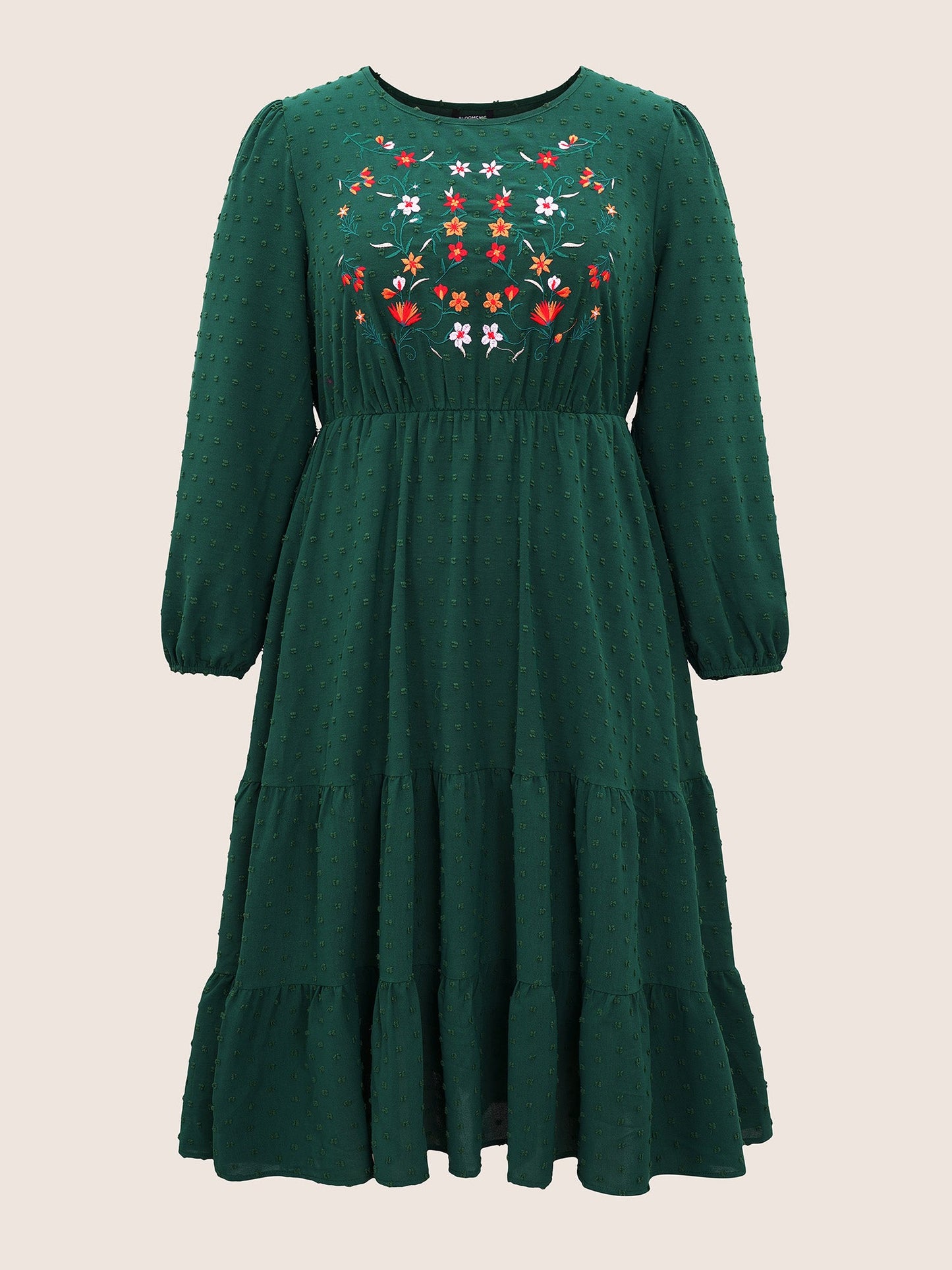 Floral Embroidered Textured Ruffle Layered Hem Dress