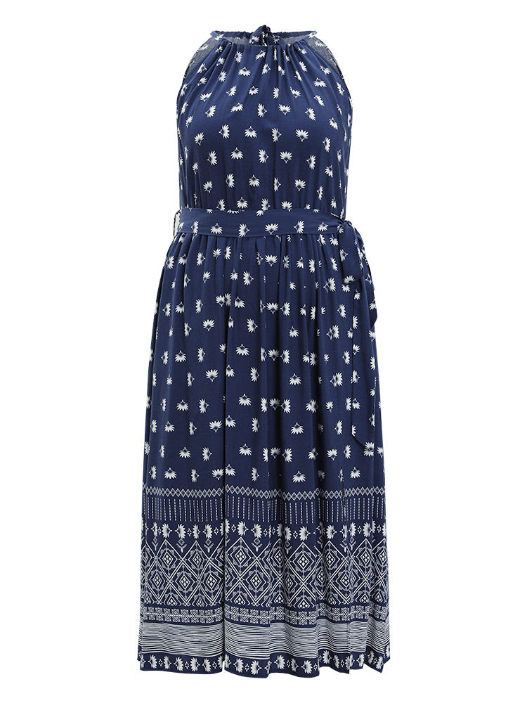 Boho Print Knot Halter Pocket Belted Split Dress