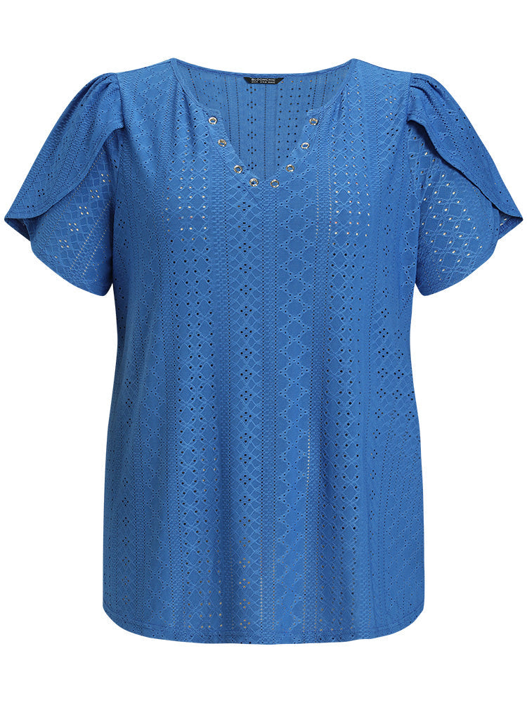 Geometric Eyelet Petal Sleeve Notched T-shirt