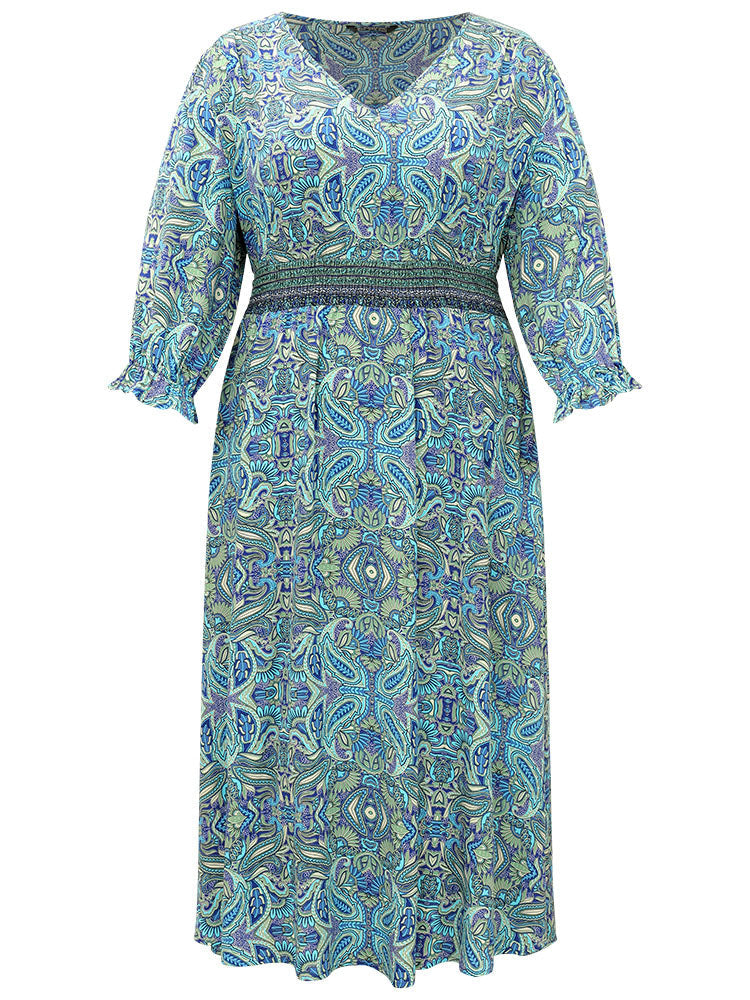 Paisley Print Shirred Flutter Trim Dress