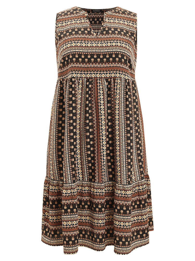 Bandana Print Flutter Hem Pocket Notched Neck Dress