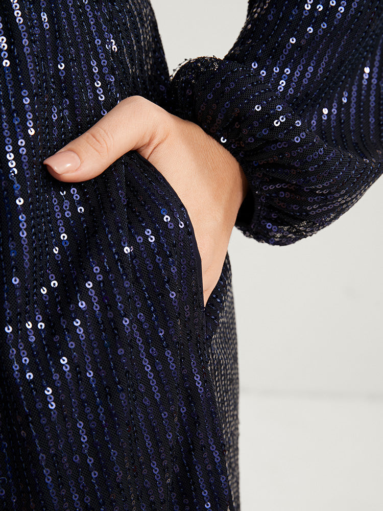 Sequin Mesh Lantern Sleeve Pocket Surplice Neck Asymmetrical Hem Dress