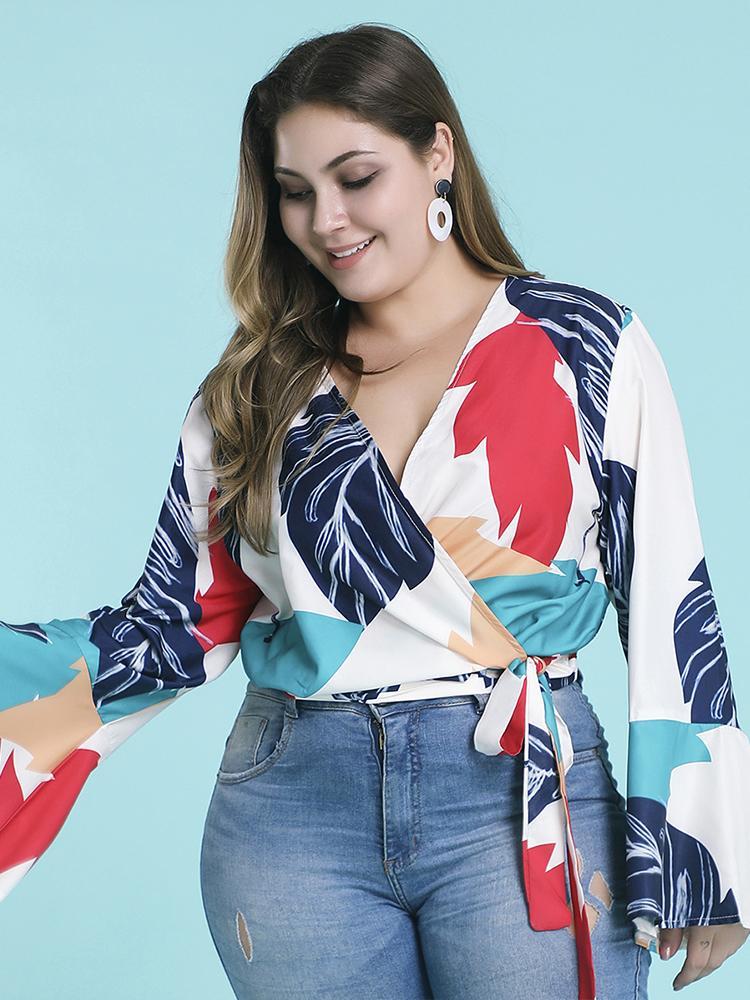 Tropical Printed Deep V-neck Flared Sleeve Top