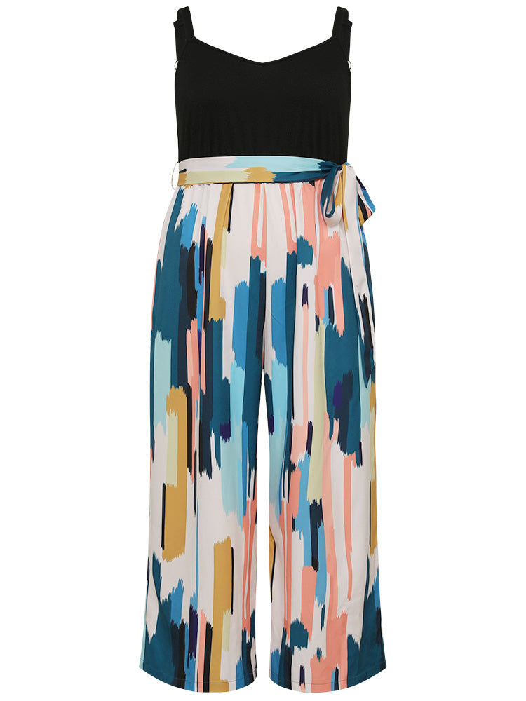 Brush Print Patchwork Pocket Belt Cami Jumpsuit