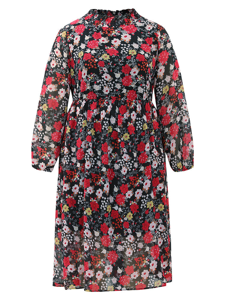 Chiffon Floral Print Shirred Elastic Cuffs Dress