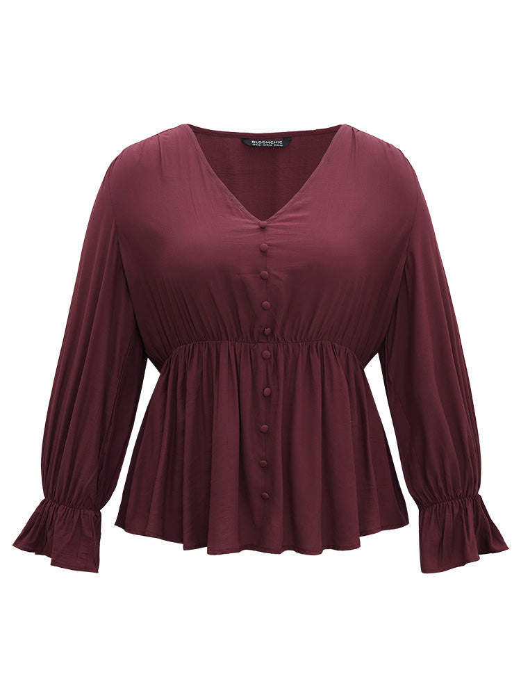 Button Detail Ruffle Trim Blouse