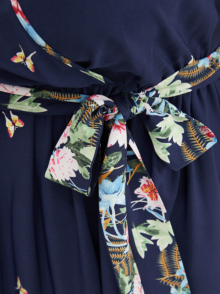 Butterfly & Floral Print Pocket Ruffle Sleeve Belted Wrap Dress