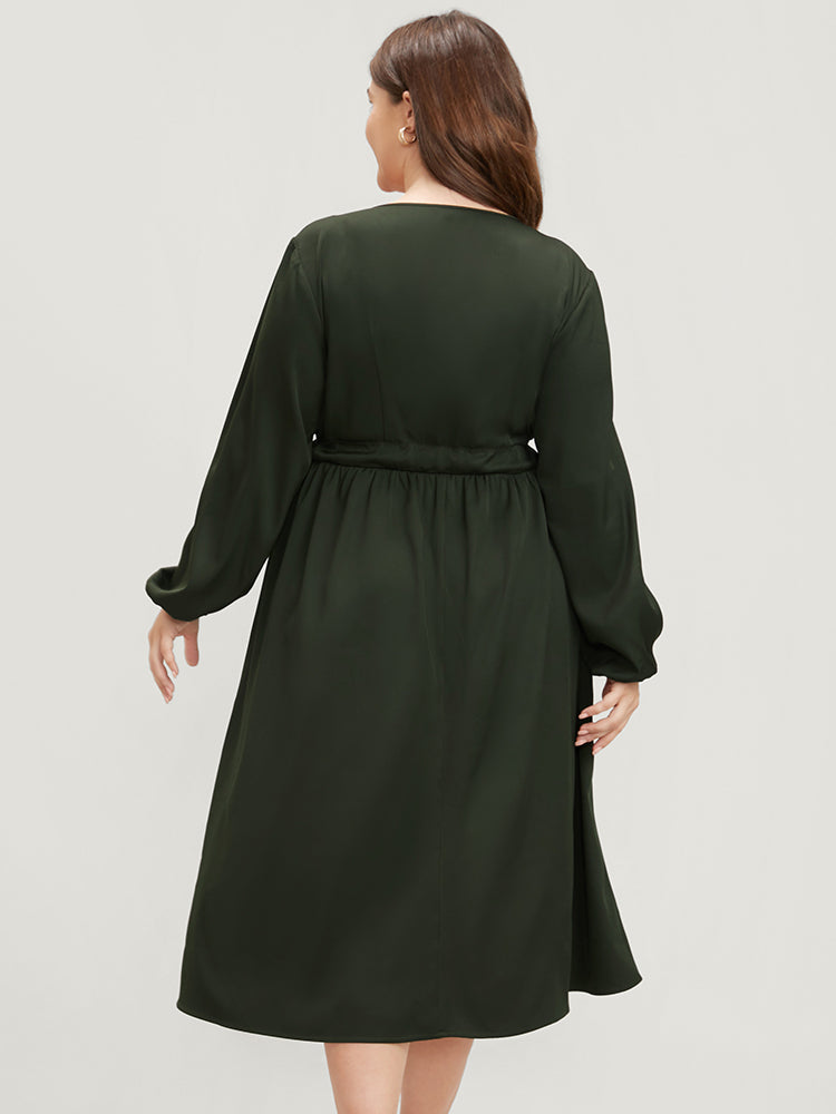 Solid Button Through Pocket Lantern Sleeve Tie Up Dress