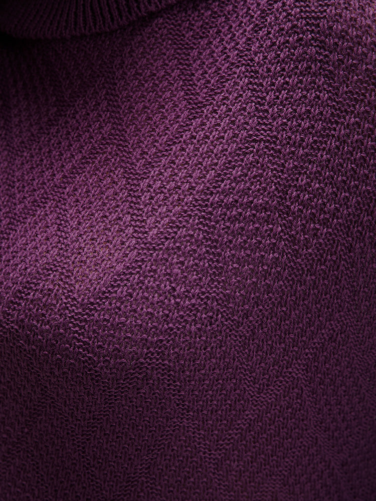 Argyle Print Pointelle Knit Funnel Neck Arc Hem Knit Top