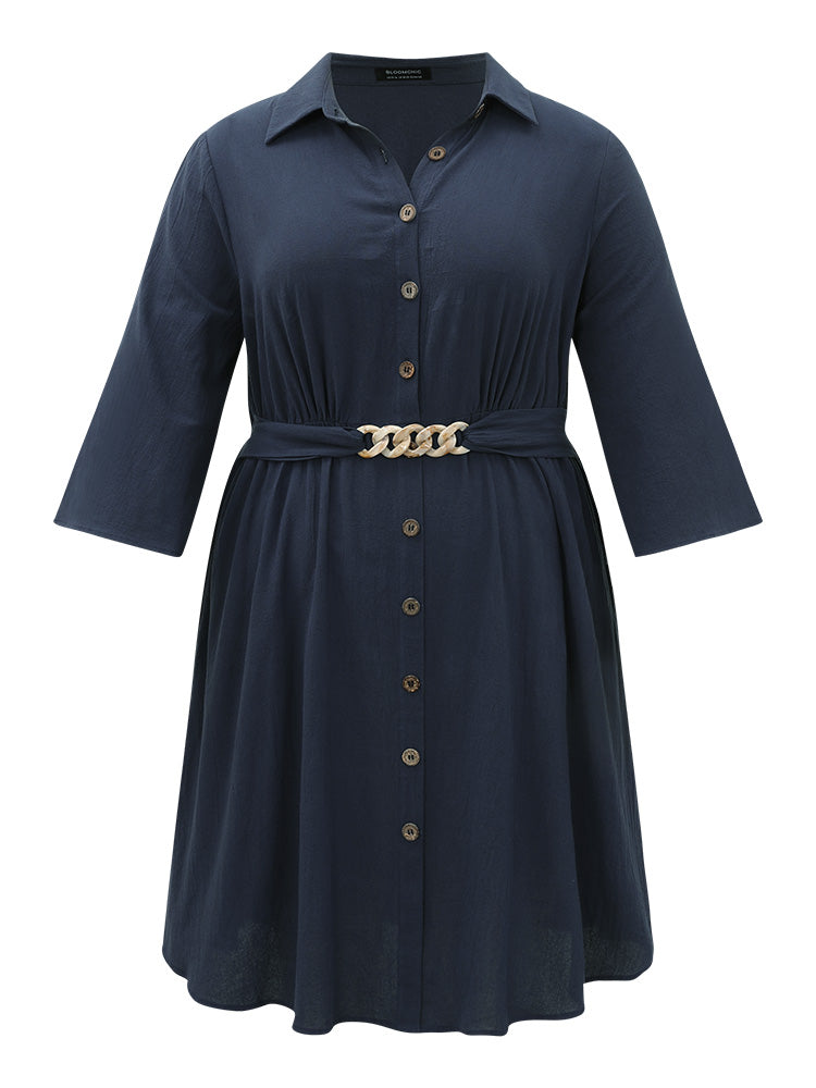 Solid Pocket Metal Buckle Detail Shirt Collar Dress