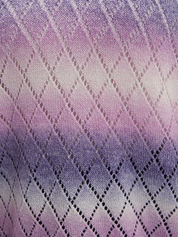 Ombre Spacedye Knit V Neck Argyle Eyelet Knit Top