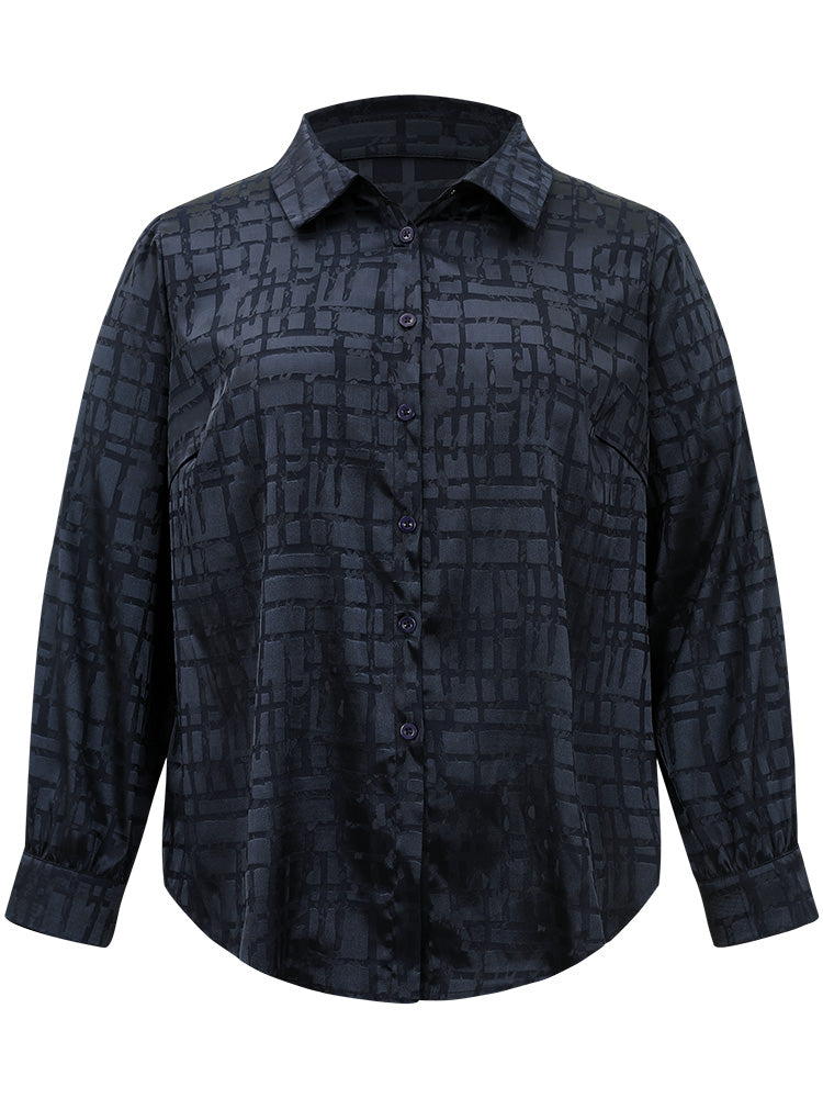 Plisse Satin Button Up Curved Hem Blouse