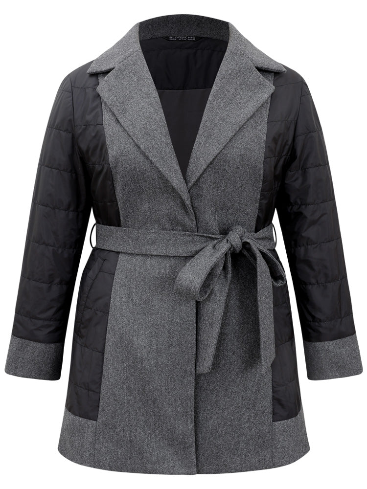 Padded Patchwork Tweed Belted Lapel Collar Coat