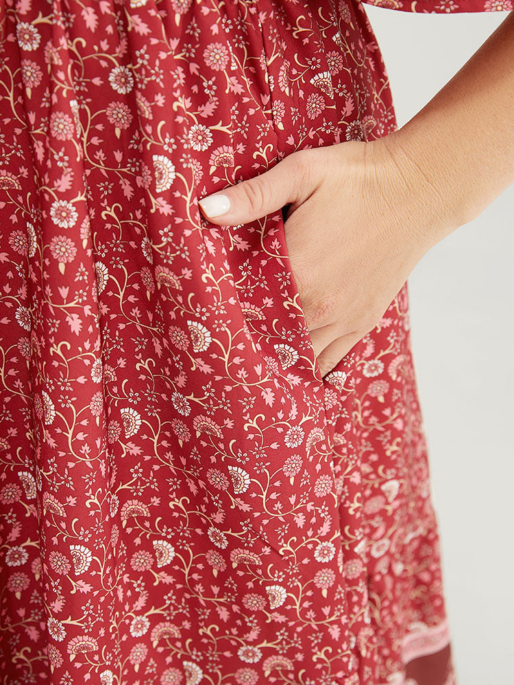 Bandana Printed Ruffle Square Neck Pocket Shirred Dress