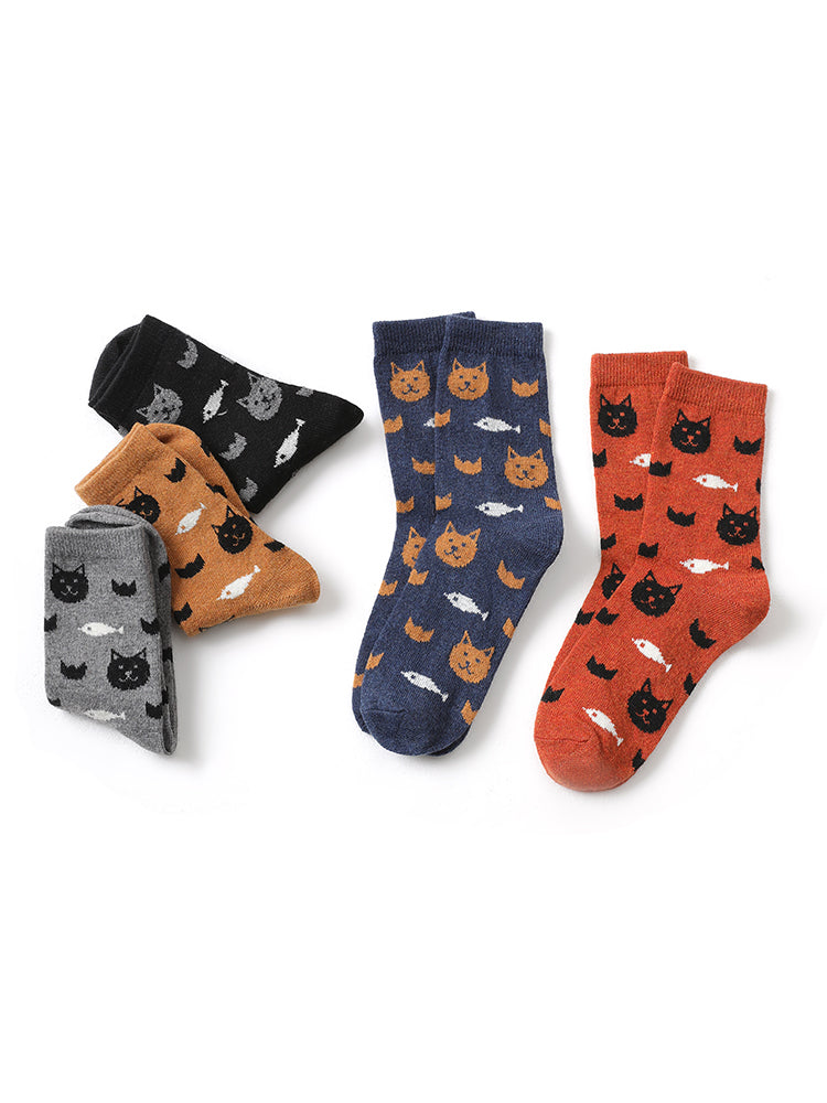 5 Pairs Cat & Fish Pattern Basic Socks
