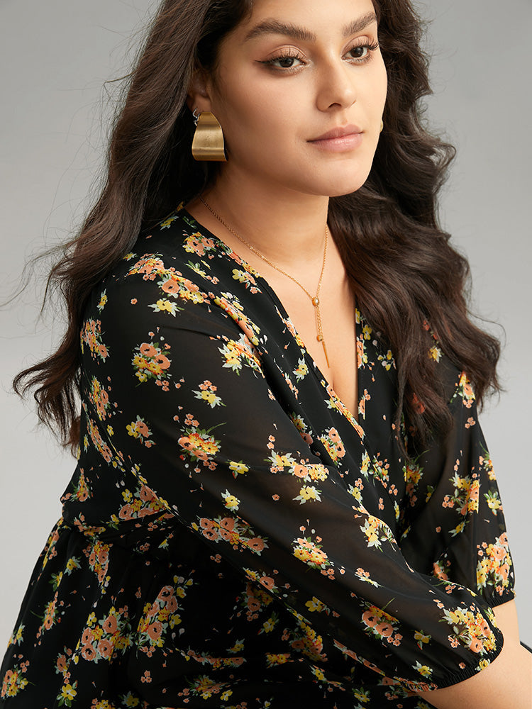 Floral Overlap Collar Pocket Elastic Waist Dress