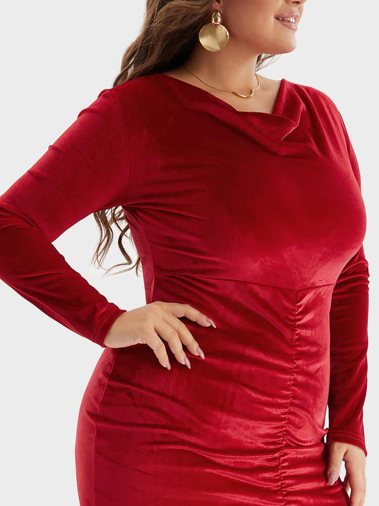 Cowl Neck Gathered Bodycon Dress