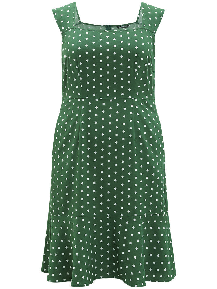 Polka Dot Ruffle Hem Pocket Square Neck Sleeveless Dress