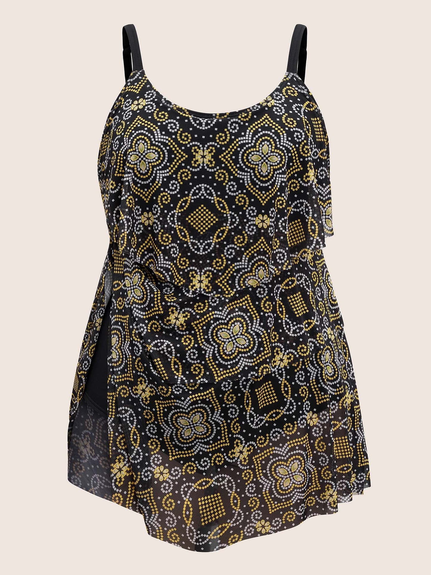 Moroccan Print Mesh Adjustable Straps Swim Dress