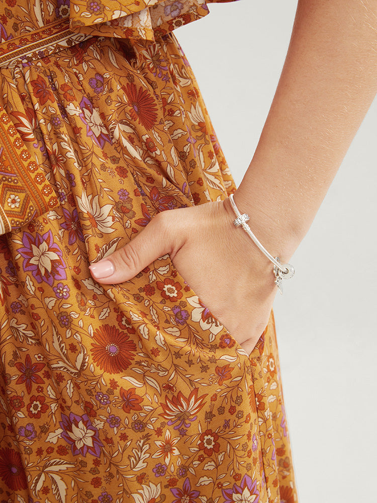 Bandana Print Surplice Neck Pocket Ruffles Belted Split Hem Dress