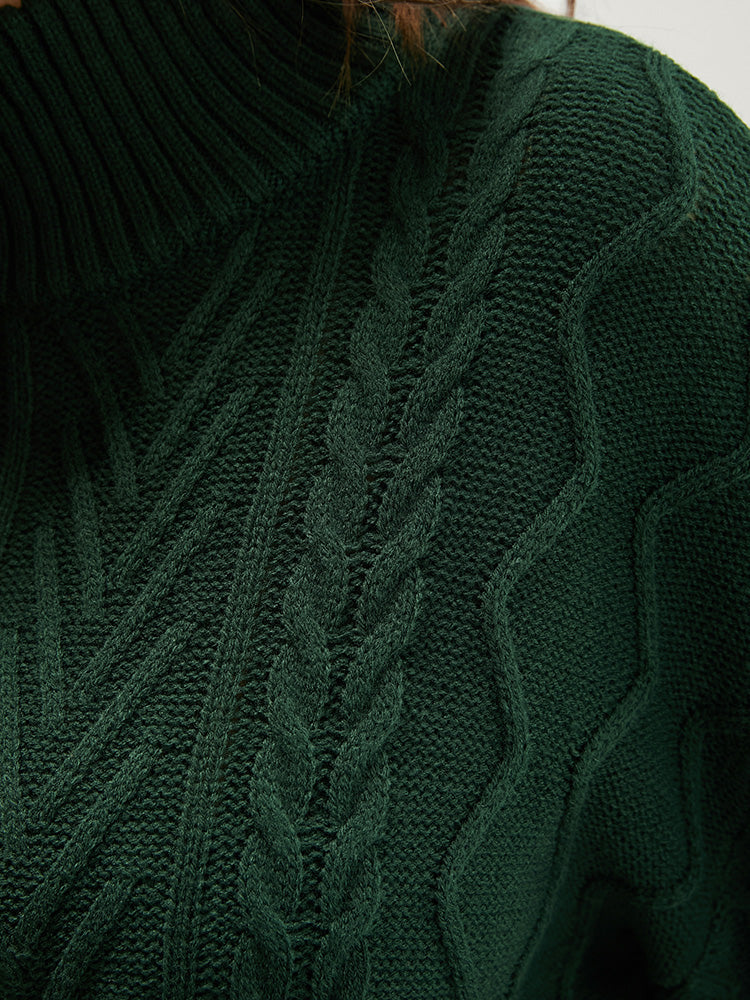 Solid Geometric Pointelle Knit Funnel Neck Knit Top