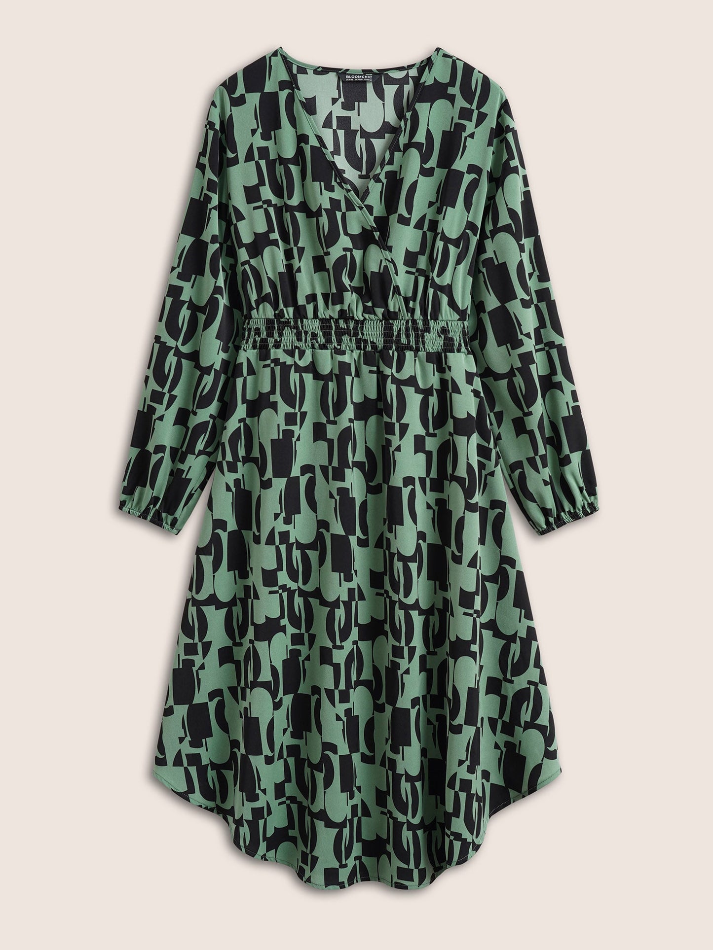 Geometric Shirred Elastic Waist Wrap Dress