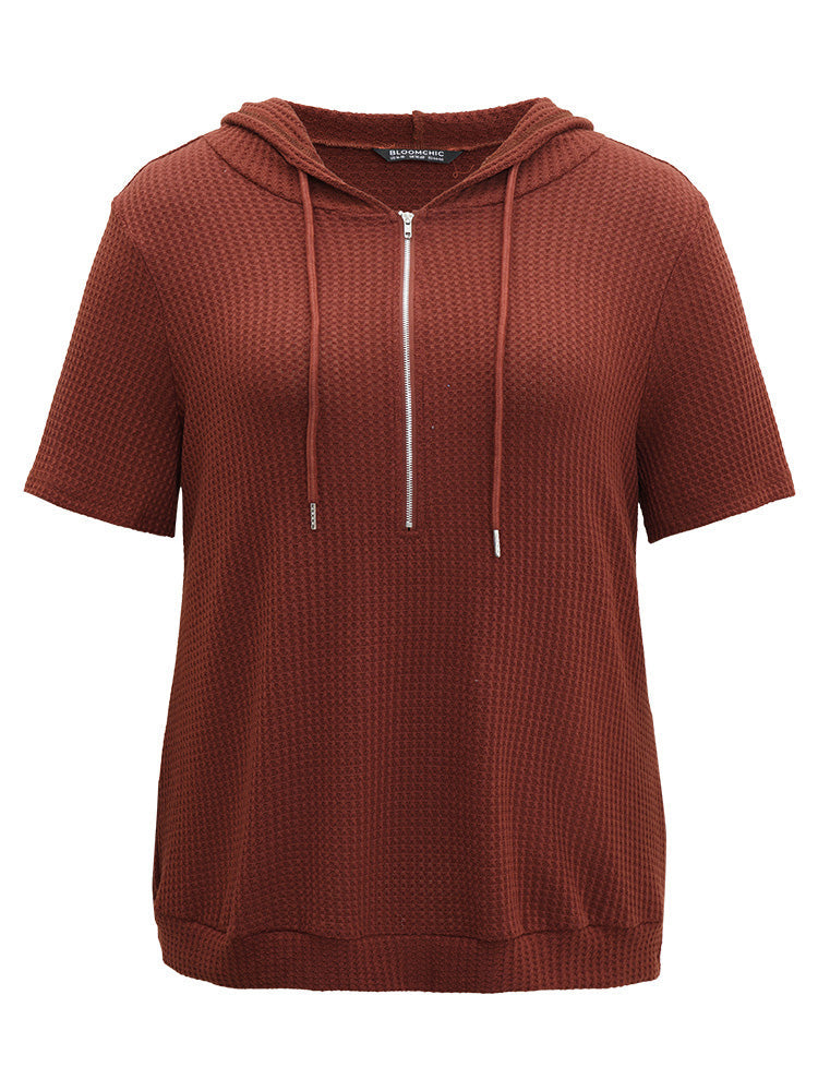 Waffle Knit Half Zip Hooded Drawstring T-shirt