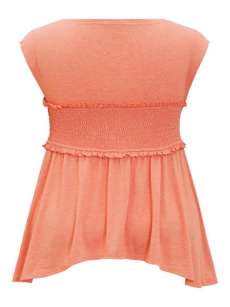 Plain Frill Trim Crossover Shirred Ruffles Sleeveless T-shirt