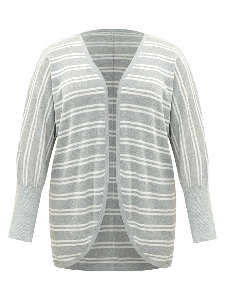 Striped Elastic Cuffs Arc Hem Cardigan